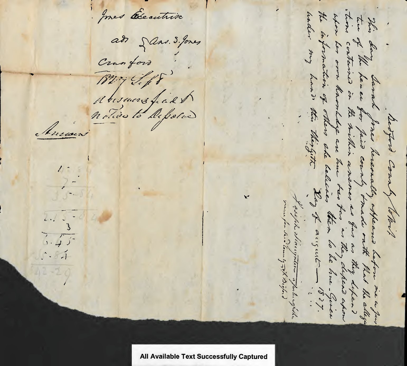 Docket sheet for Crawford v. John and James C. Jones, Bedford County, Virginia chancery cause, naming Sarah Jones as executrix
