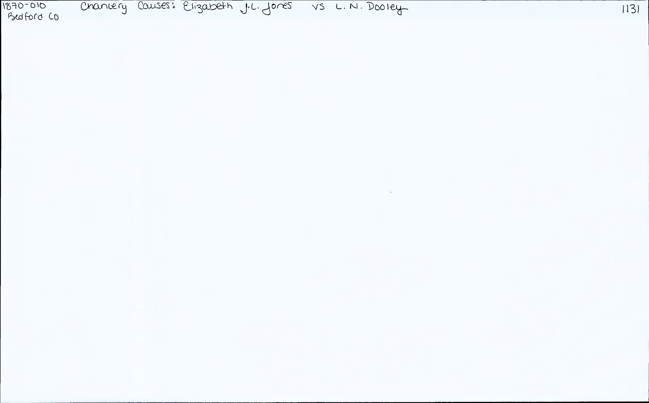 Archival index card for Elizabeth J.L. Jones v. L.N. Dooley, Bedford County, Virginia chancery cause 1131