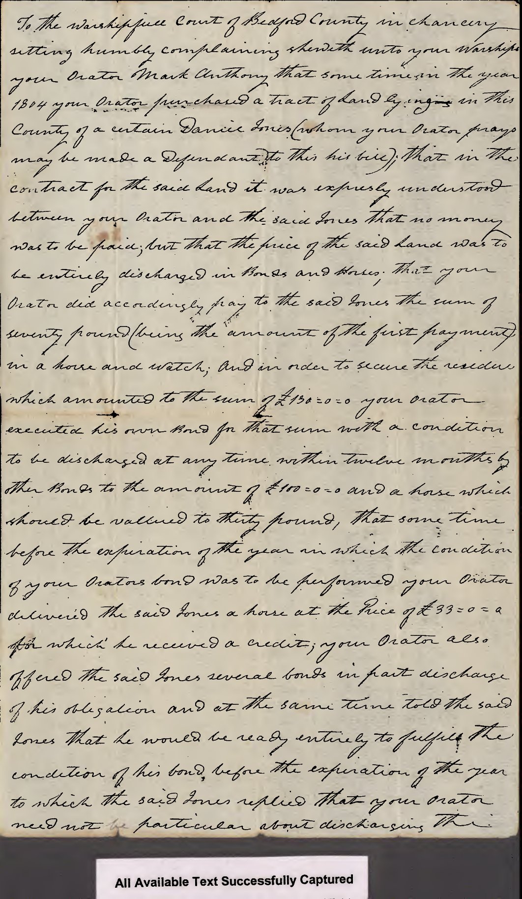 1810 chancery bill of complaint, Mark Anthony v. Daniel Jones, Bedford County, Virginia
