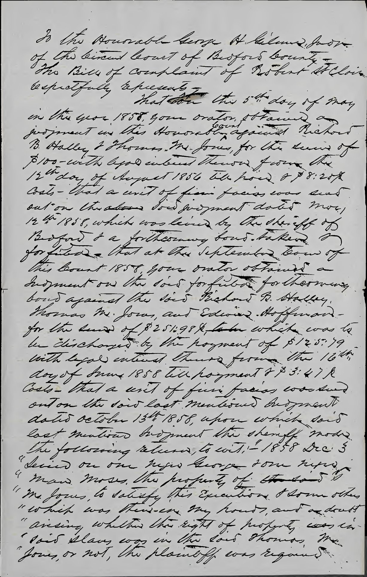1859 bill of complaint, Robert St. Clair v. Thomas M. Jones, describing the sheriff's levy on 'one negro George and one negro man Moses'