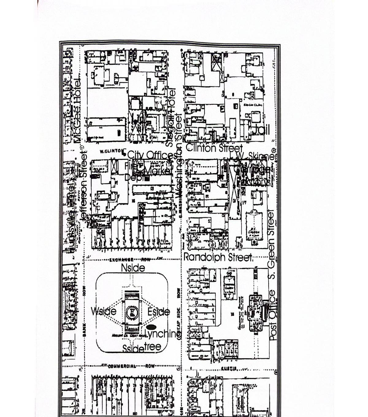 Historical map of downtown Huntsville, Alabama, marking the location of a lynching tree at the Madison County Courthouse Square