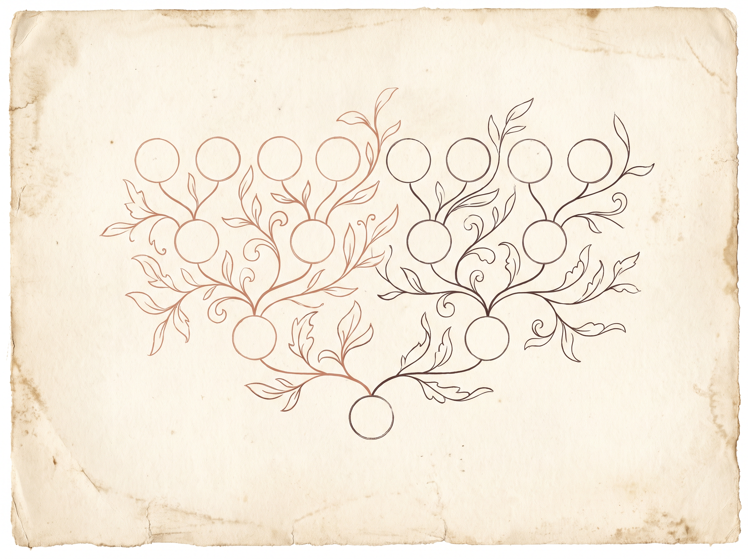 Illustrated genealogical tree diagram on aged parchment