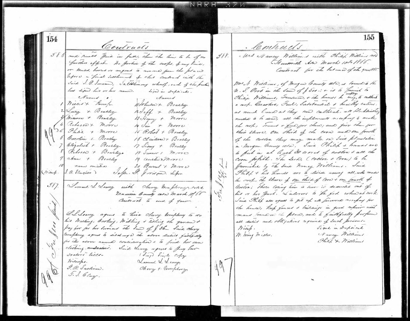 1866 Freedmen's Bureau-era labor contract register, Madison and Morgan County, Alabama, pages 154-155