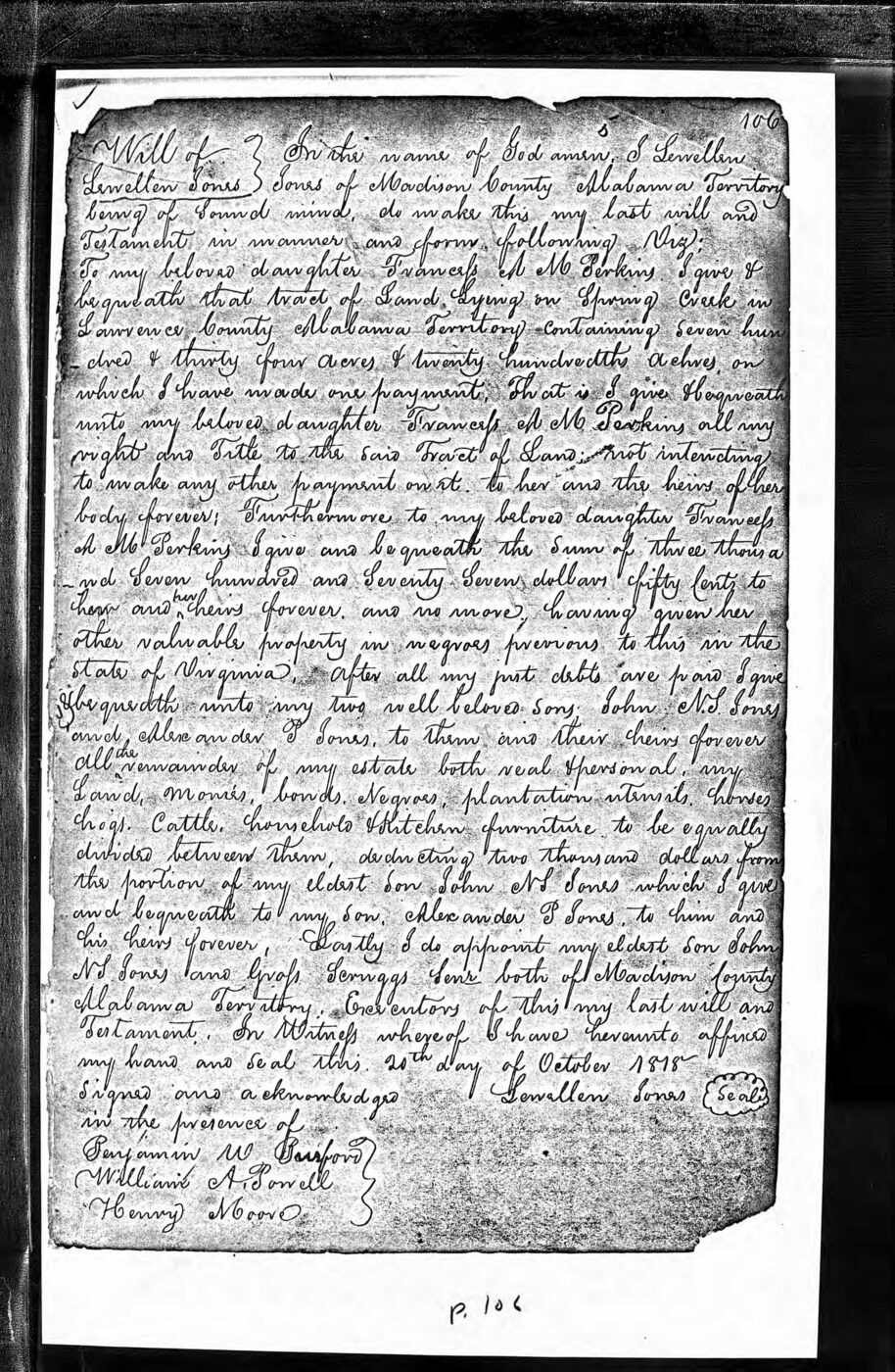 Recorded manuscript copy of the 1818 will of Lewellen Jones, page 106