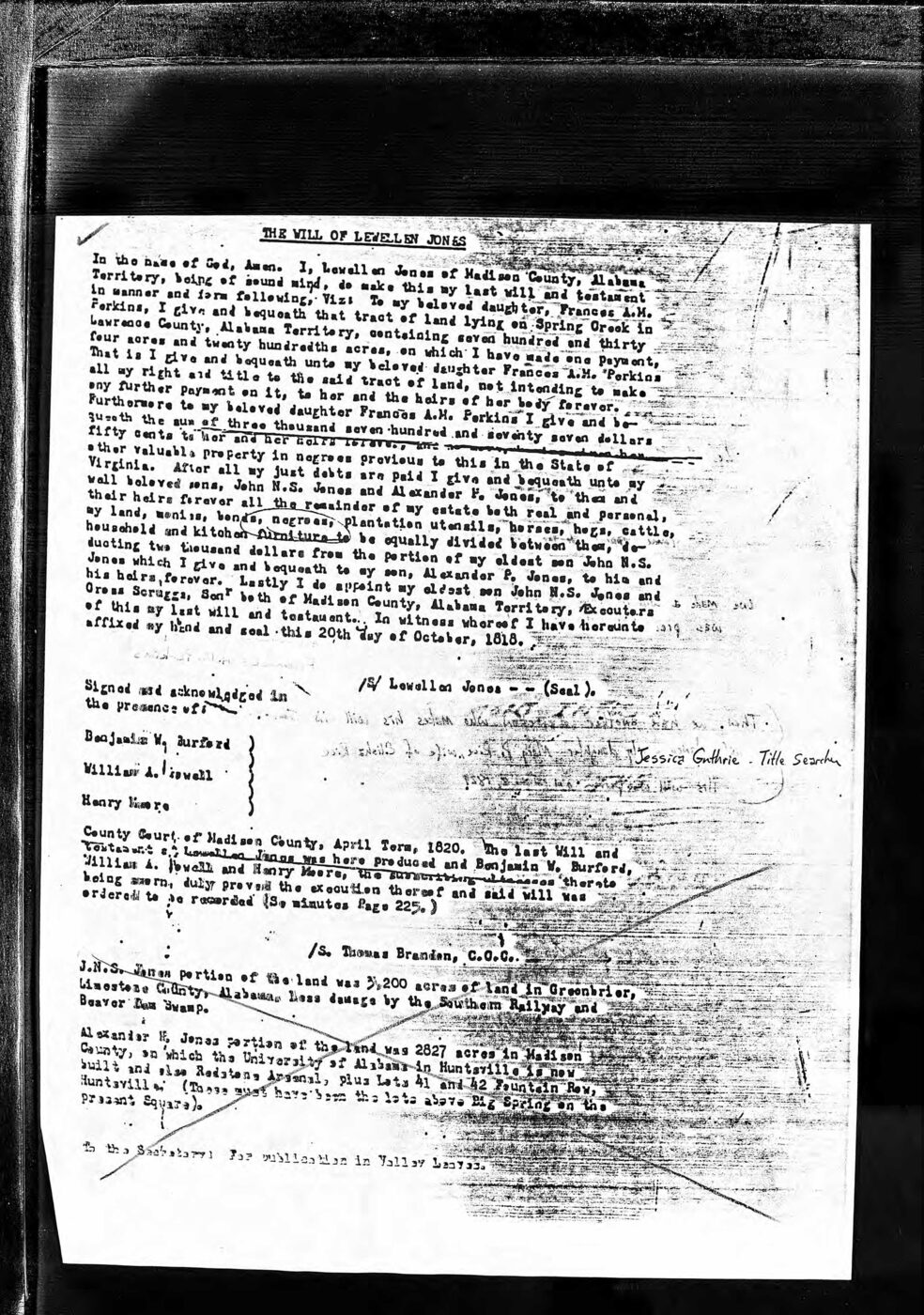 Typed transcription of the Lewellen Jones will with a handwritten annotation tracing Alexander P. Jones's land share to the present-day UAH campus