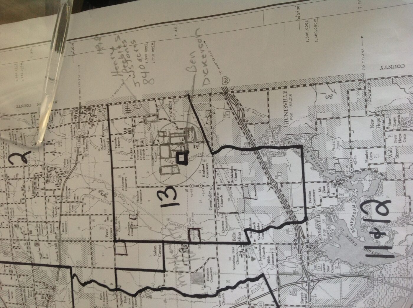 Annotated Madison-Limestone county map with handwritten land parcel notes for Henry's Peebles and Ben Dickerson tracts
