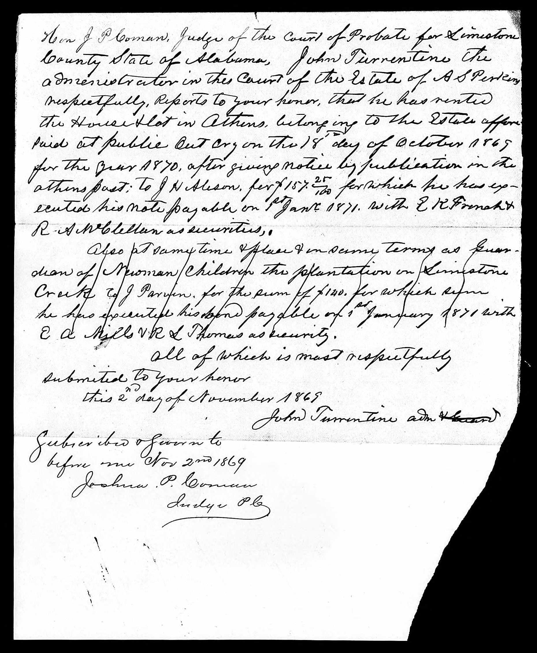 1868-69 probate record referencing the Perkins family plantation in Limestone County