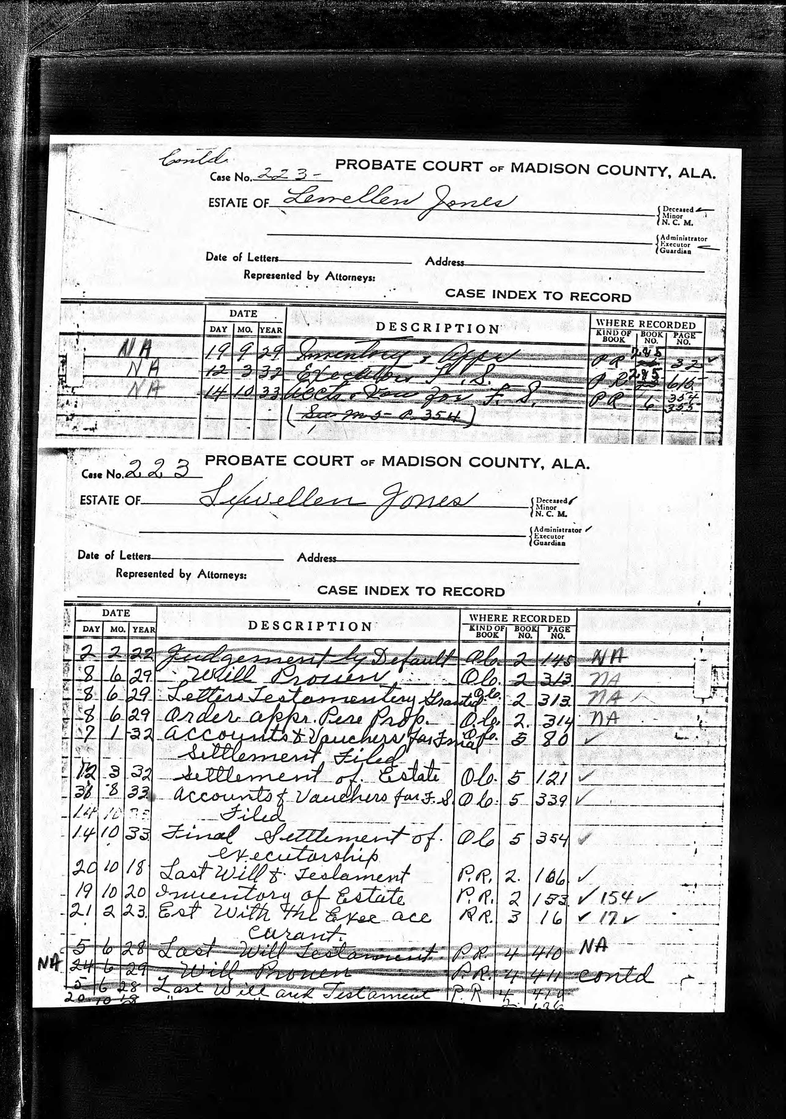 Cover page of the 1820 Lewellen Jones probate case listing enslaved people