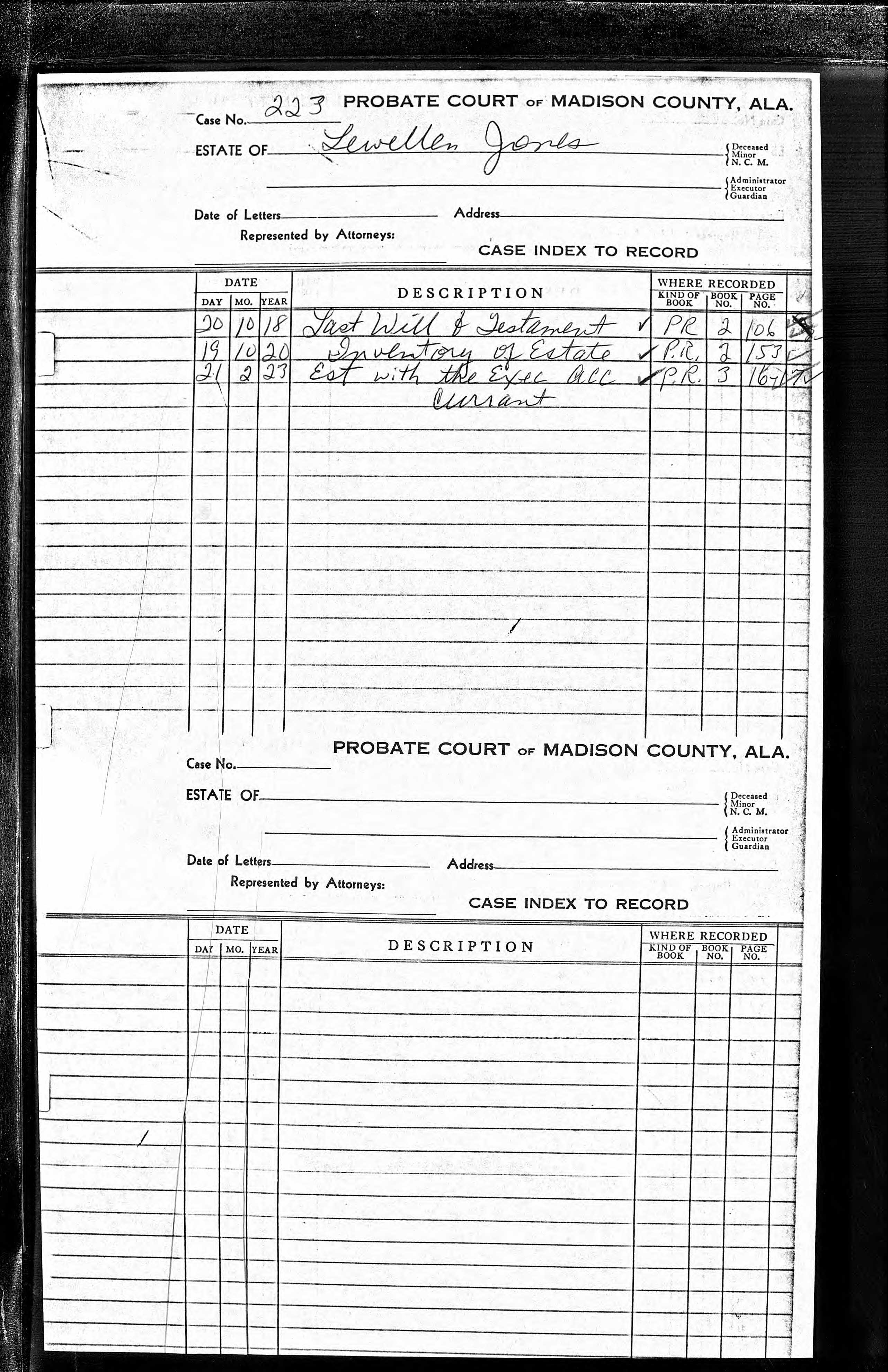 1820 Lewellen Jones probate case index, case 223