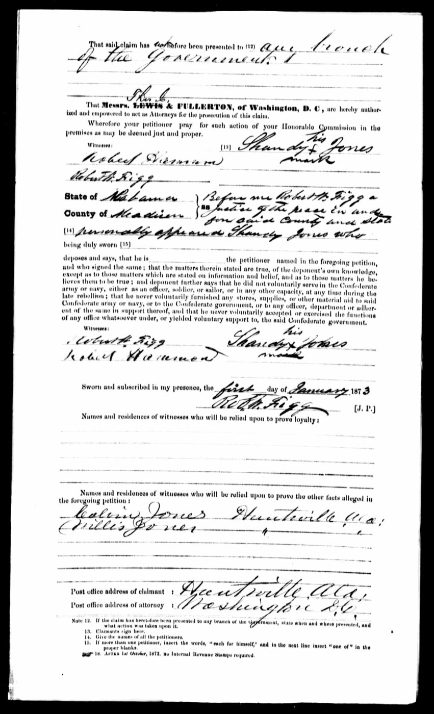 1873 Southern Claims Commission affidavit for Shandy Jones, Madison County, Alabama